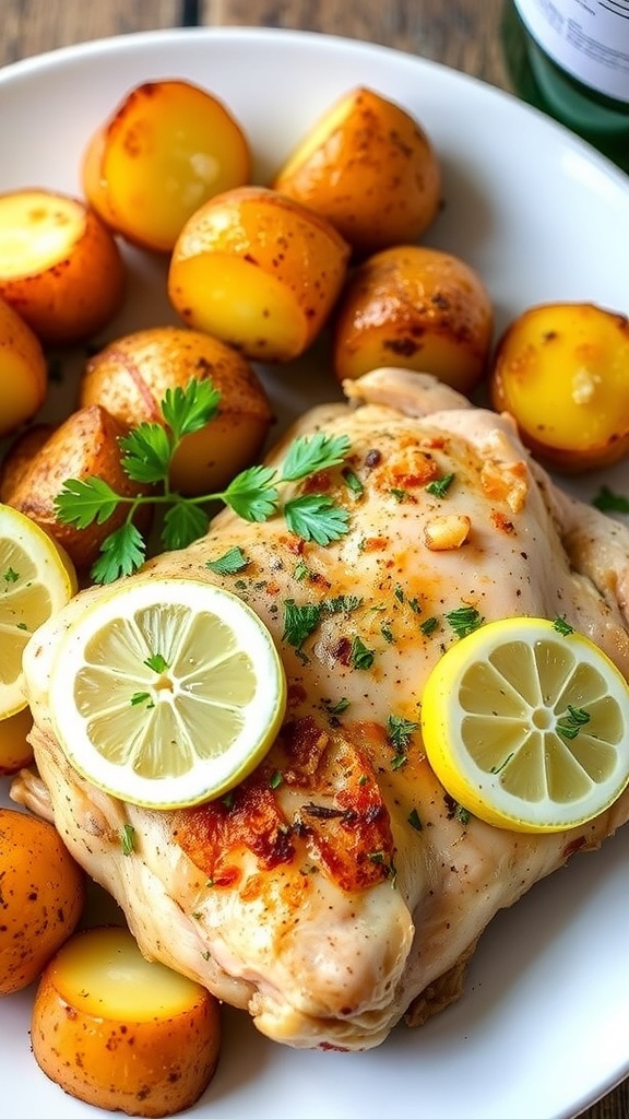 Lemon Herb Chicken with roasted potatoes, garnished with parsley and lemon slices on a white plate.